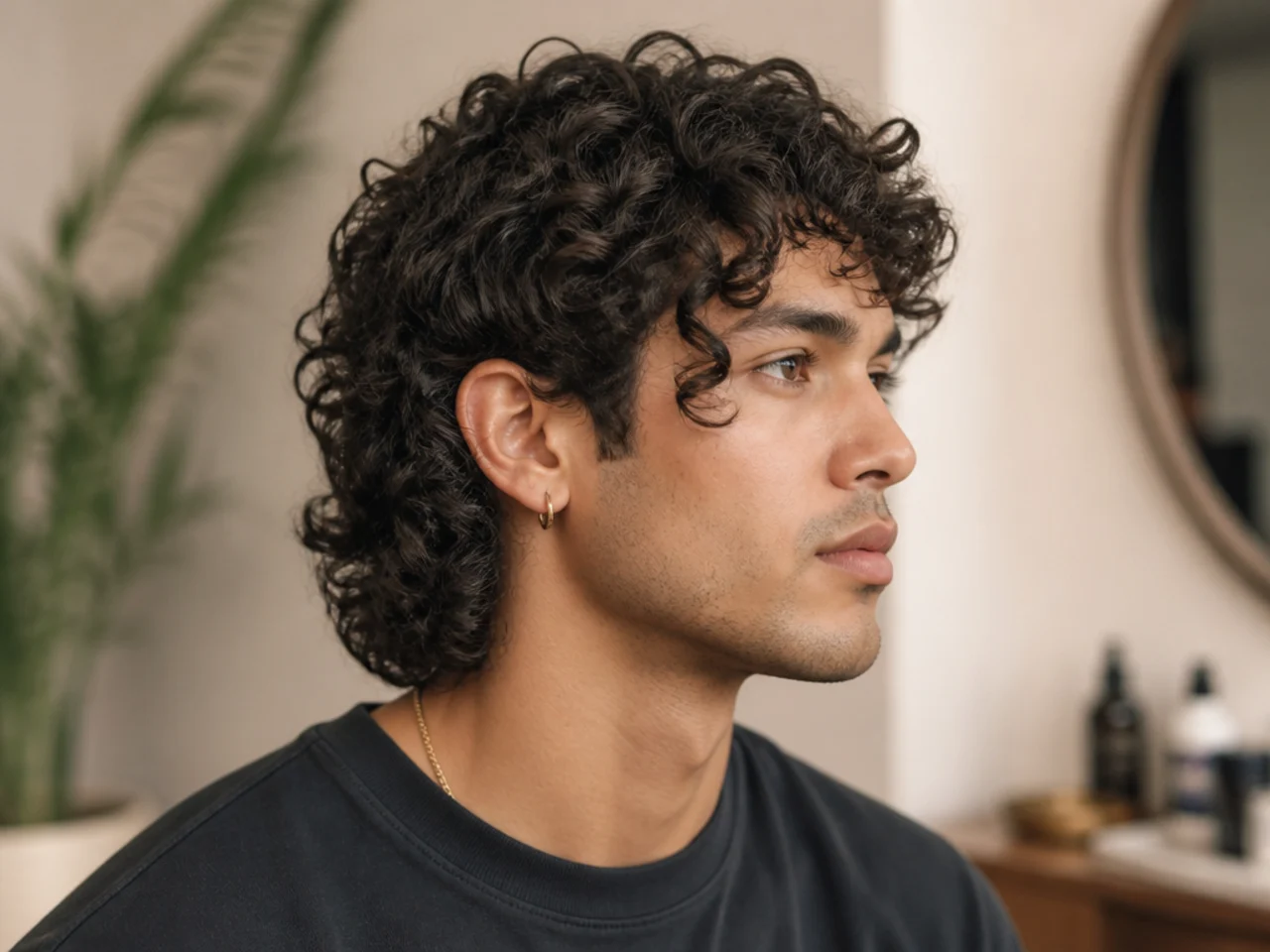 Comma hair mullet styled on 3B curly hair with longer front layers and a natural mullet drape