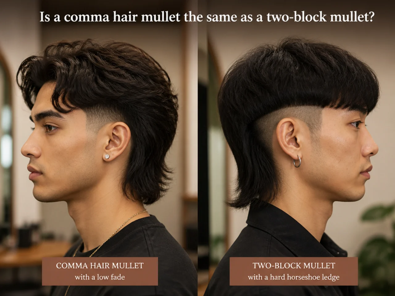 Side-by-side comparison of a comma hair mullet with a low fade and a two-block mullet with a hard horseshoe ledge