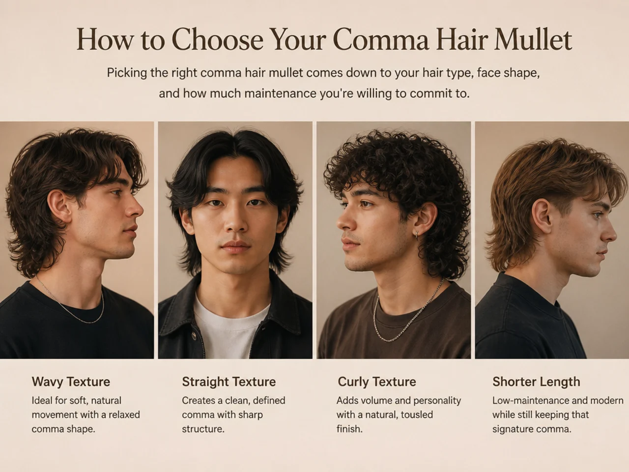 Reference photos of comma hair mullet variations laid out on a warm blush-cream surface