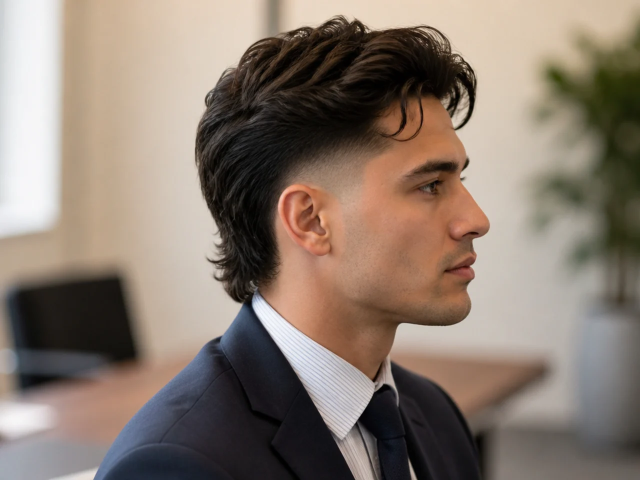 Office-ready low fade comma hair mullet on a man in business dress with a subtle front curl