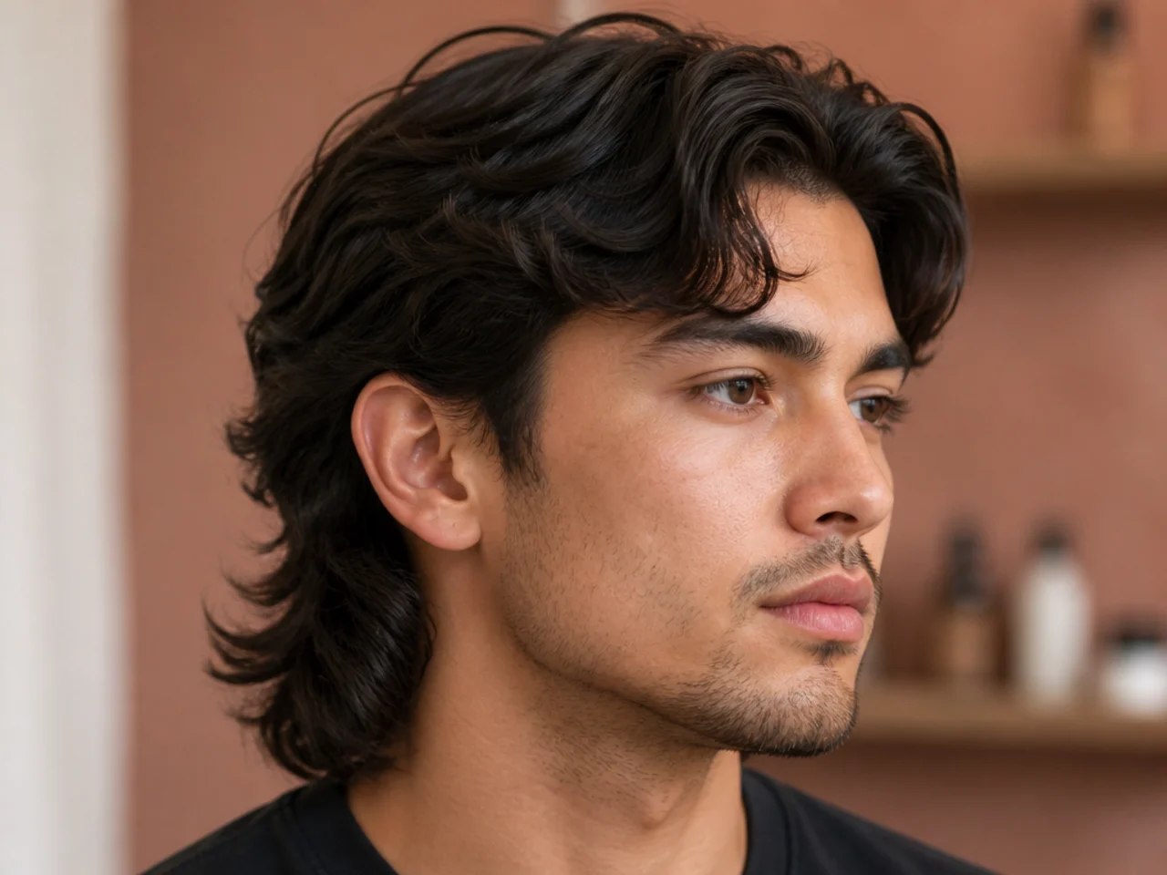 Comma hair mullet — glossy front comma curl with a soft mullet drop at the nape on straight dark hair