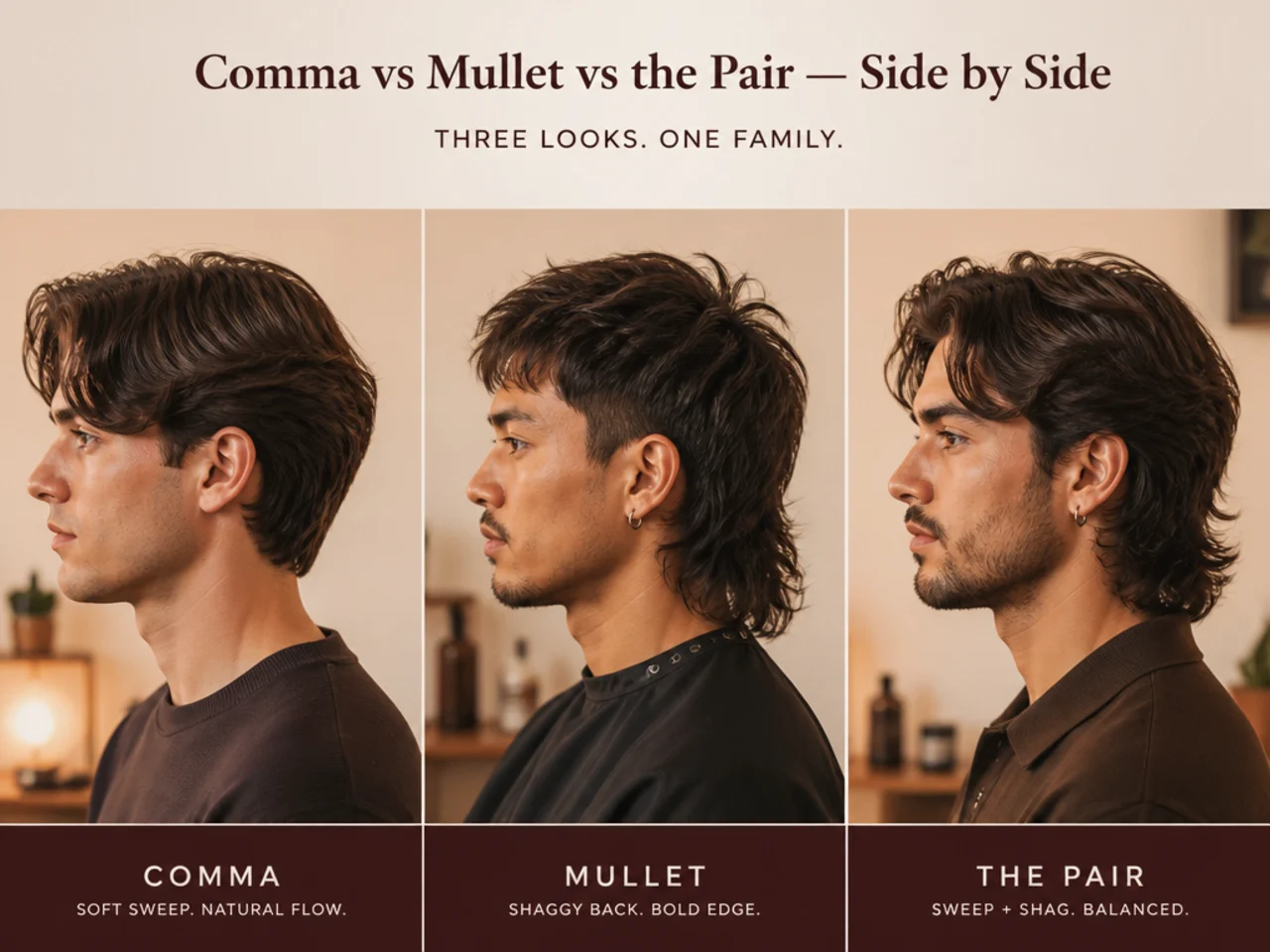 Three-panel comparison of a solo comma haircut, a solo modern mullet, and the pair on the same model on a warm blush-cream backdrop