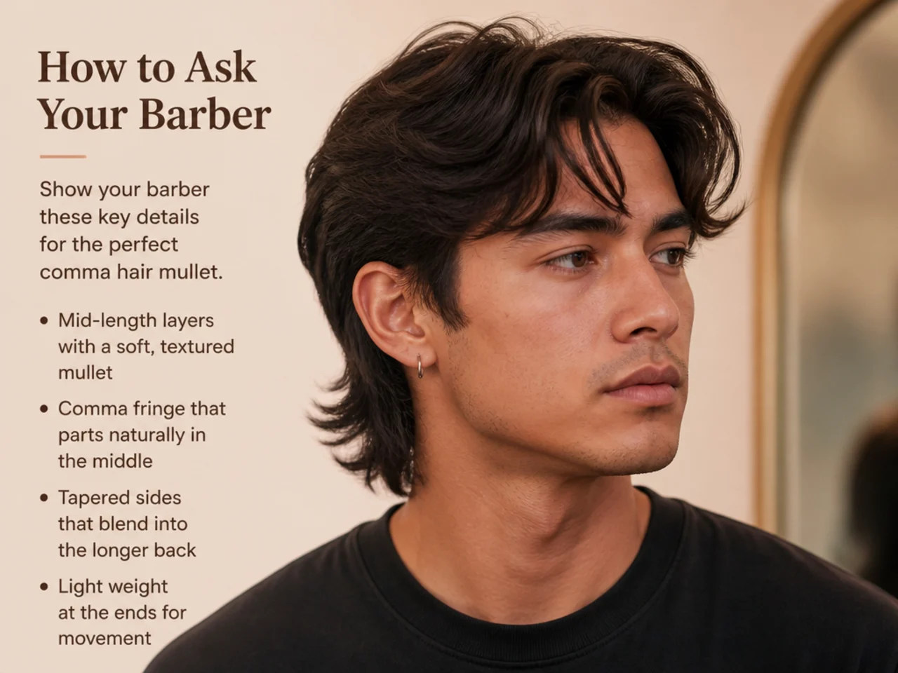 Reference photo of a comma mullet pair open on a phone in front of a barbershop mirror