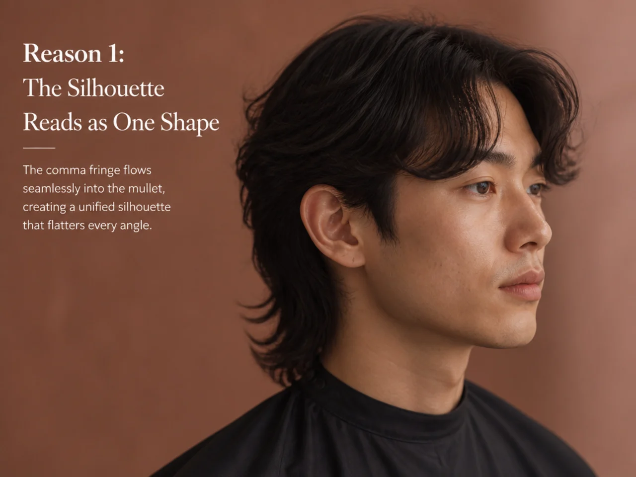 Three-quarter view showing how the comma curl at the forehead and the mullet drape at the nape mirror each other visually