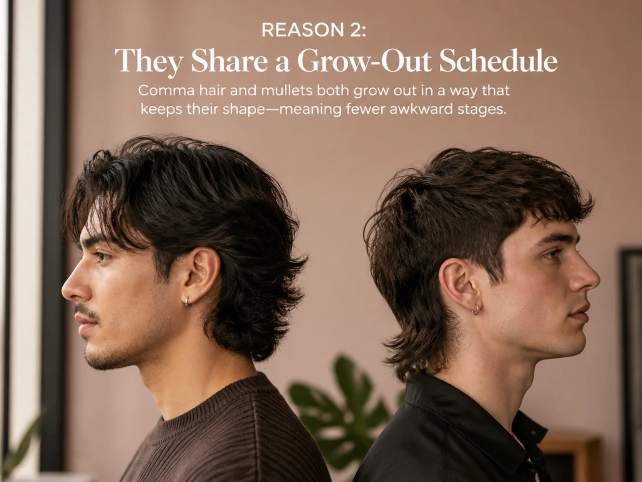 Two calendar pages side by side showing comma haircut re-cut cadence versus modern mullet re-cut cadence — both four to six weeks