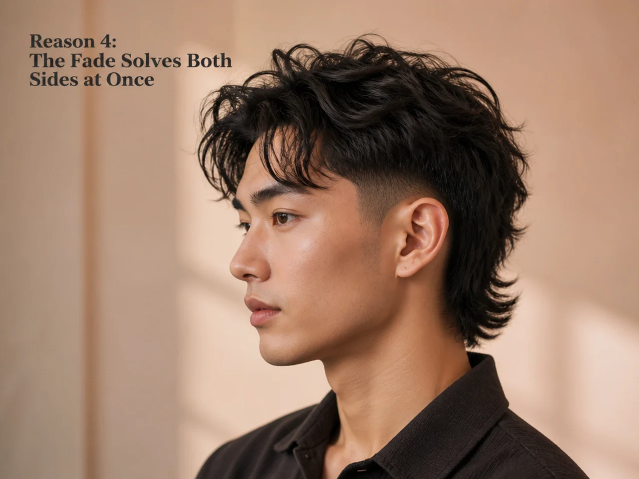 Close-up of a low taper fade wrapping from the sideburn area around toward the mullet nape on straight dark hair