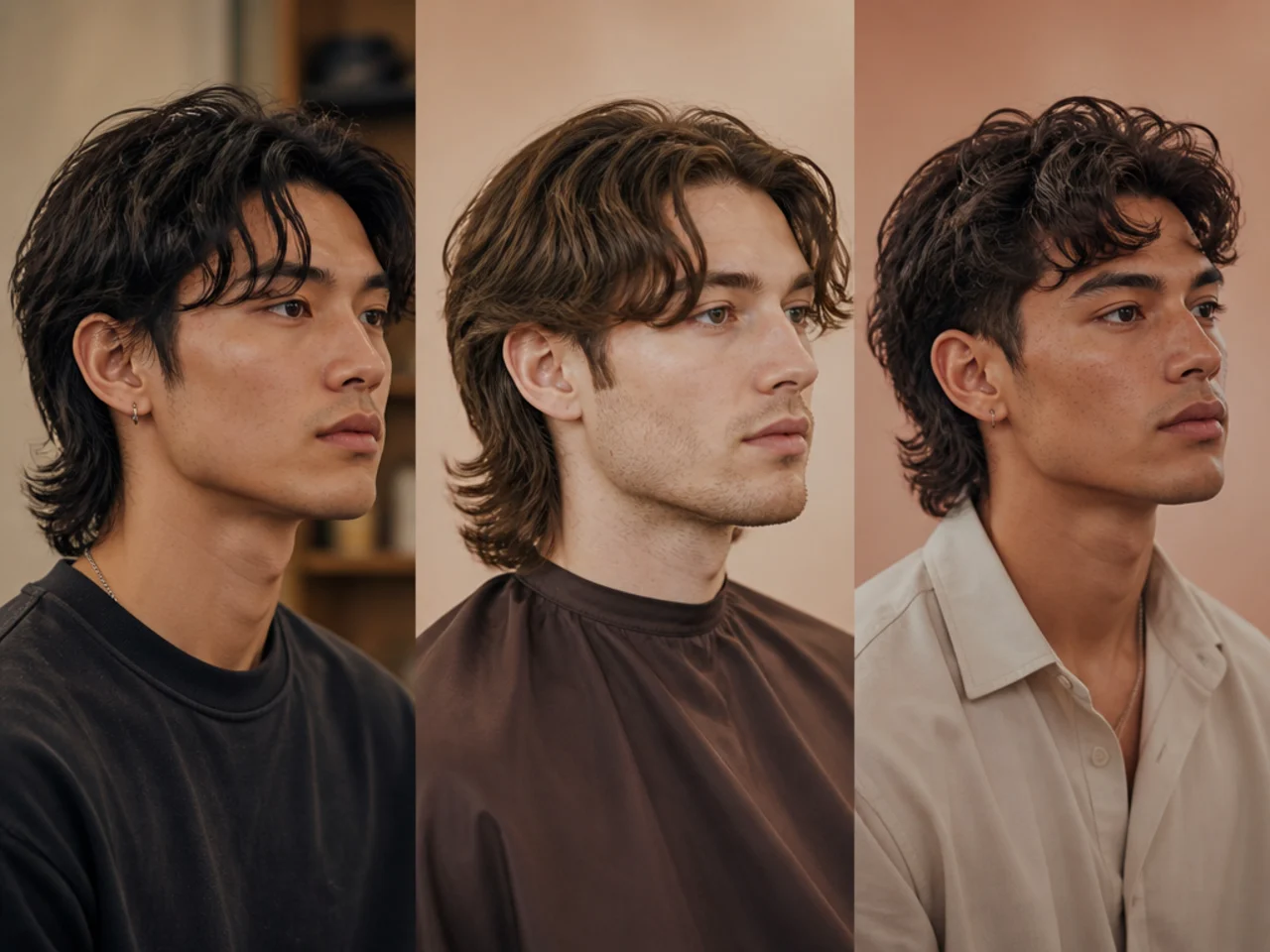 Editorial spread showing K-pop styling references from 2020 alongside modern mullet references from 2024 on a warm blush-cream backdrop