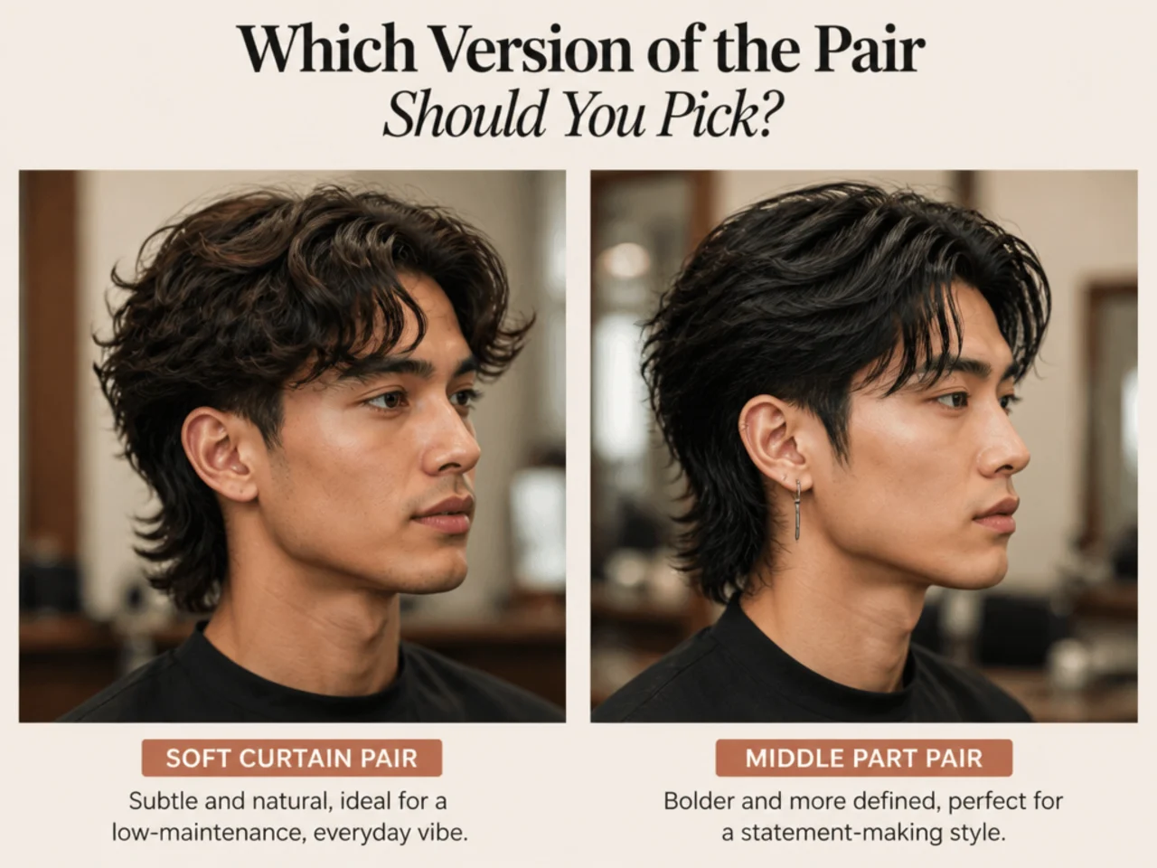 A barber holding four reference photos of comma mullet pair variations on a warm blush-cream backdrop
