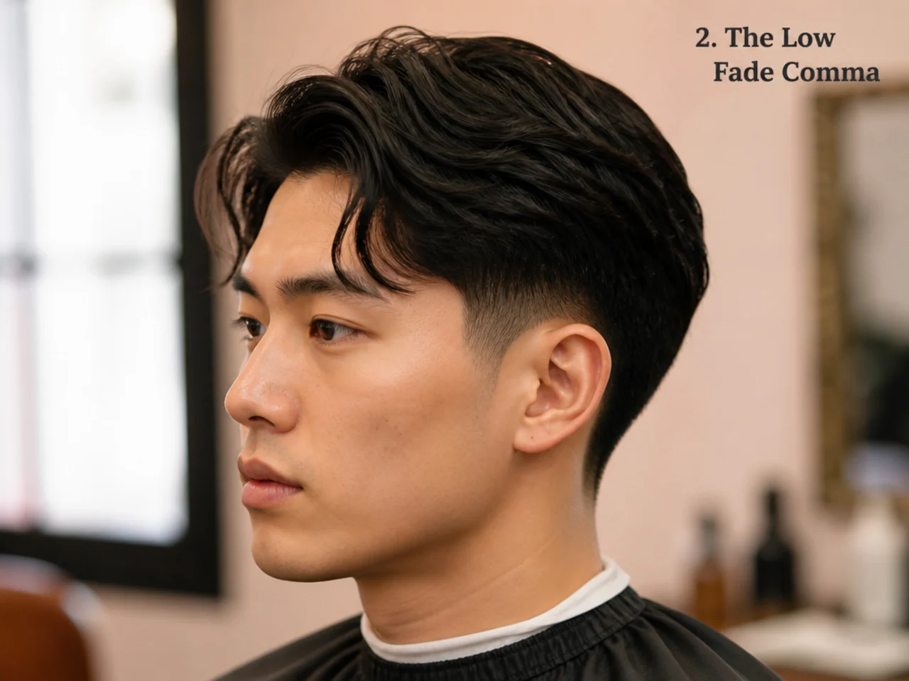 Junior consultant wearing a low fade comma with skin-clean sides and a soft front hook on wavy brown hair