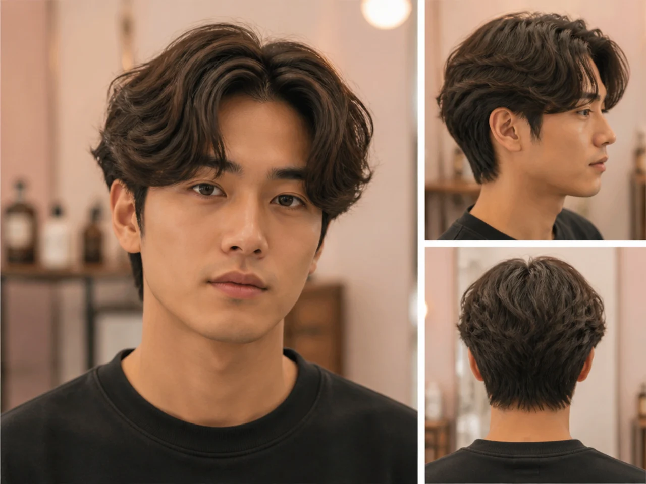 Musician wearing a curtain twin comma with a soft middle part and two mirrored front hooks on wavy dark hair