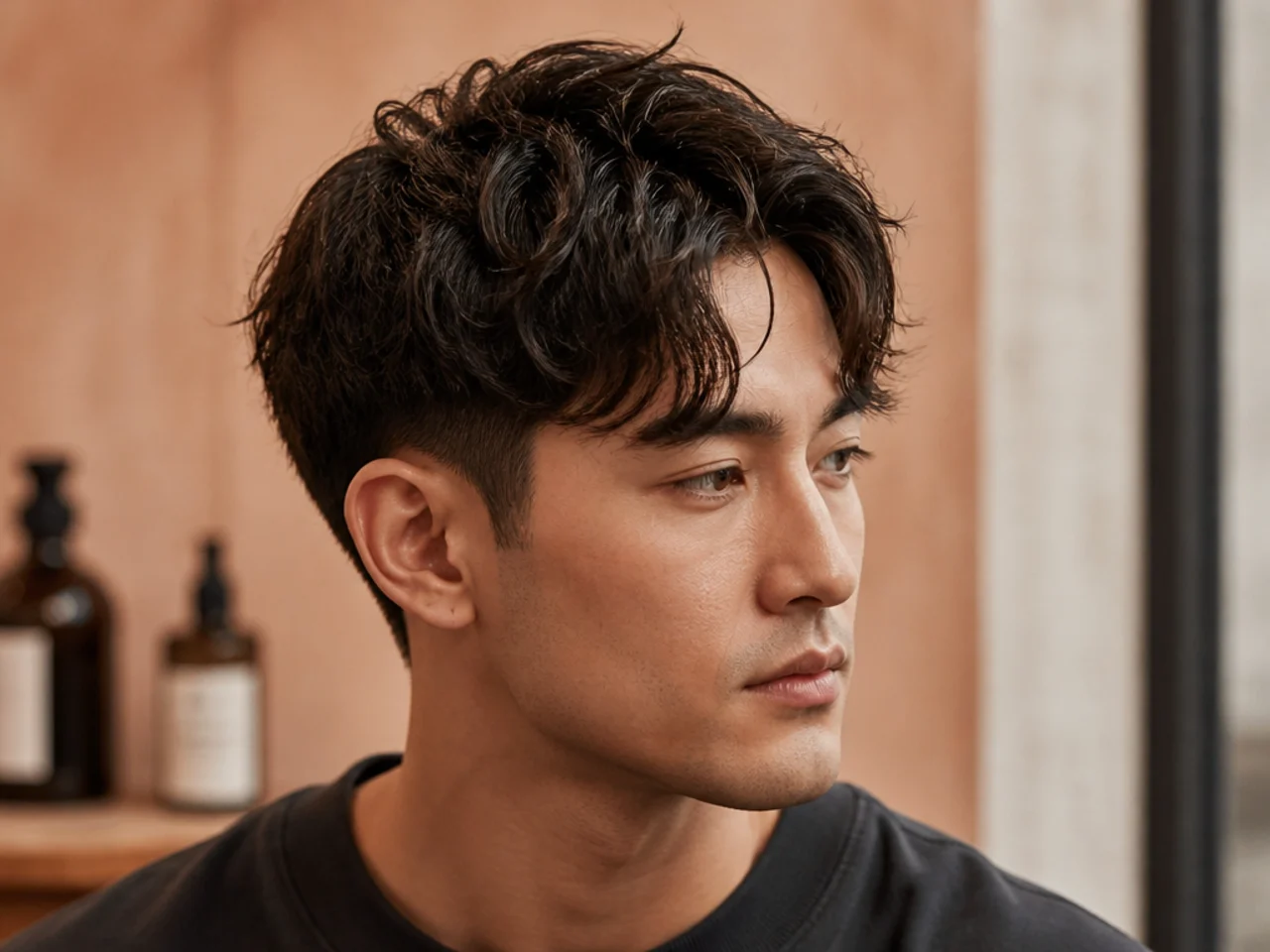 Creative director assistant wearing a textured fringe comma with a soft forehead fringe and inward-curled tips on straight-to-wavy dirty-blond hair
