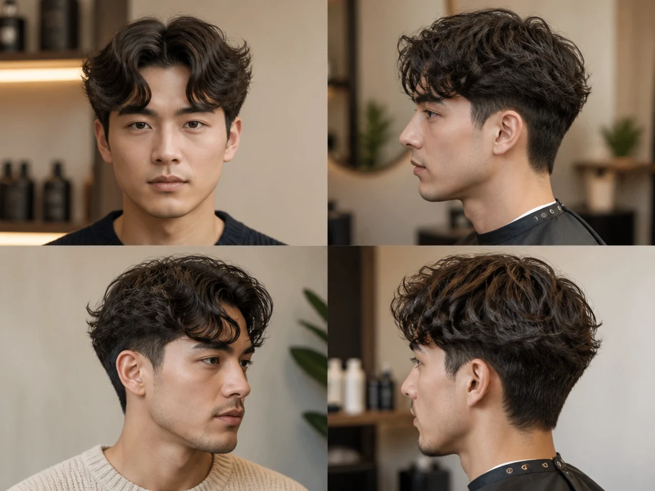 Father in his early thirties wearing a perm-set comma with a soft scissor-tapered gradient and a chemically permed front hook on straight fine hair