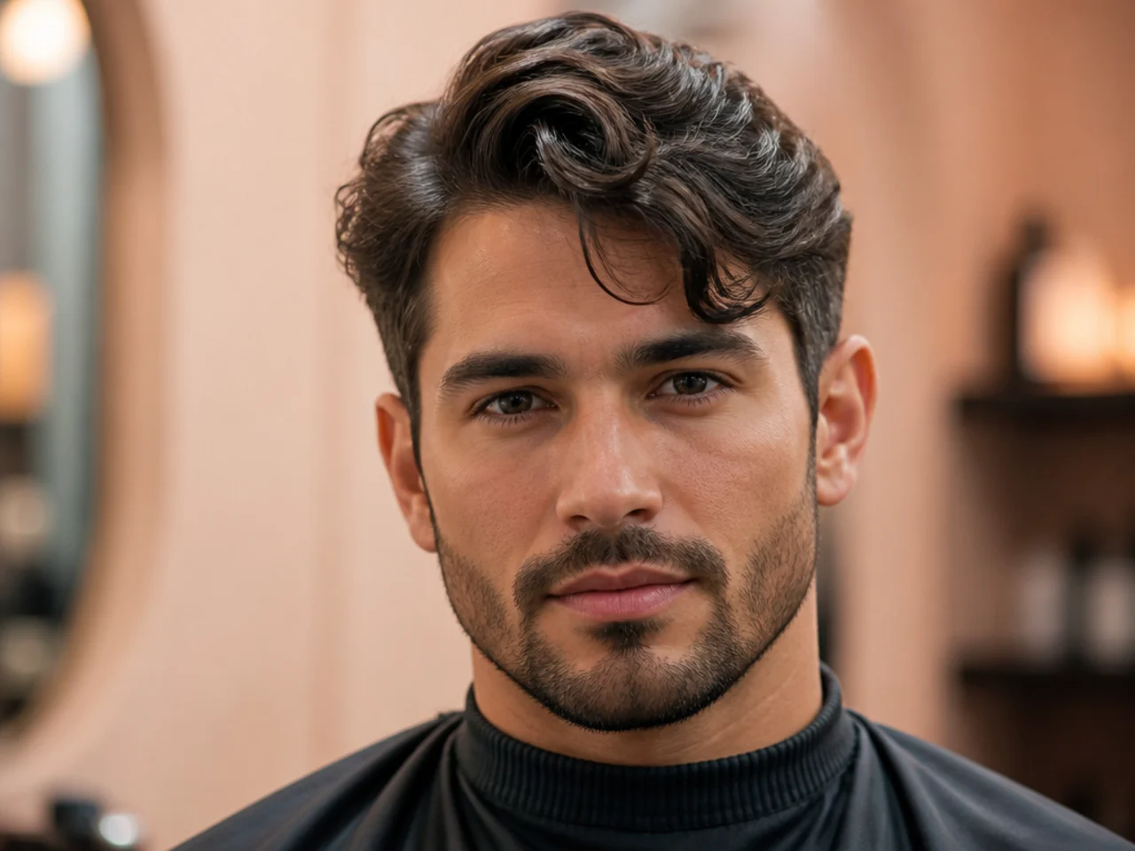 Sous chef wearing a wavy comma with a low taper fade blending into a full trimmed beard on 2B wavy dark hair