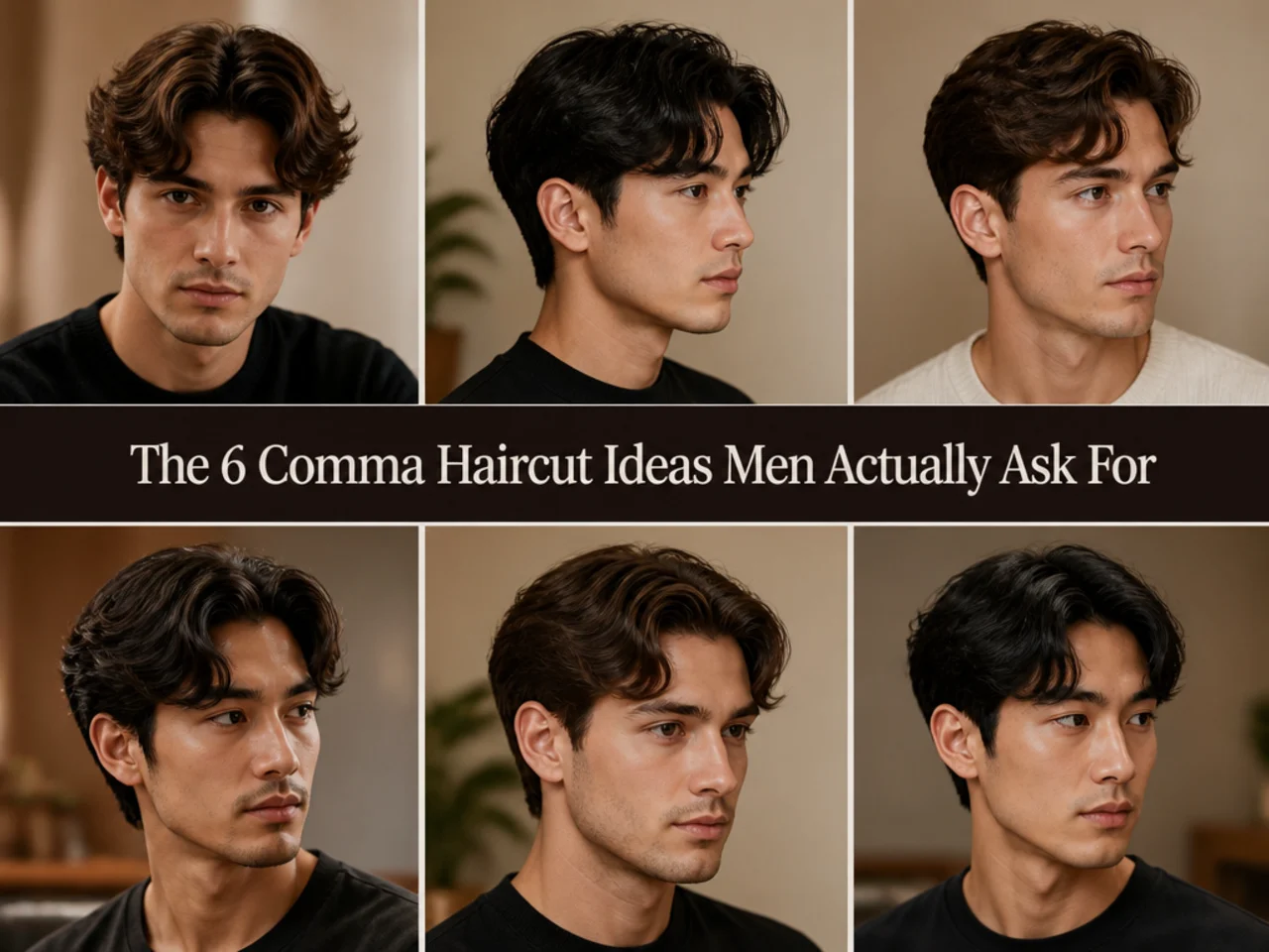 Grid of six comma haircut ideas on six men — two-block, low fade, curtain twin, textured fringe, perm-set with scissor taper, and wavy with beard