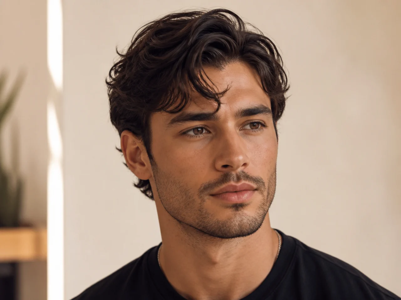 Close three-quarter portrait of a fresh comma haircut with a defined front hook and low fade sides