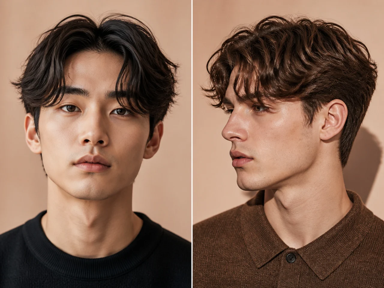 Curtain comma with a soft middle part and twin curls flowing toward the center