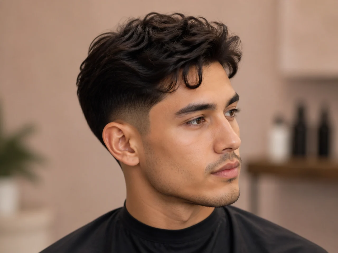 Short comma haircut kept at three inches with a soft front hook and low-fade sides