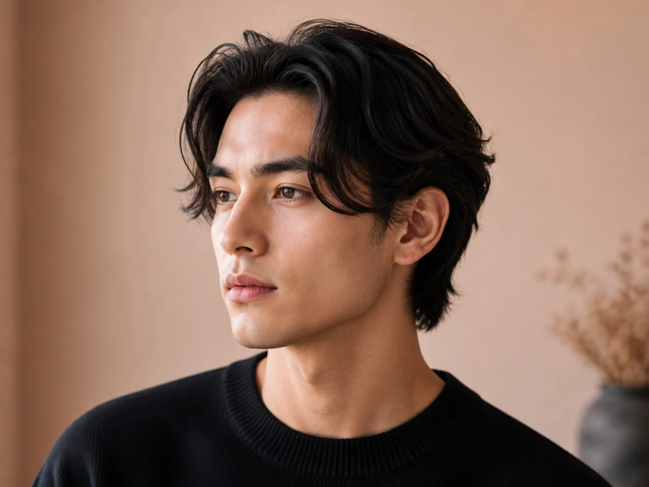 Long comma haircut with six inches of top length and a dramatic front hook