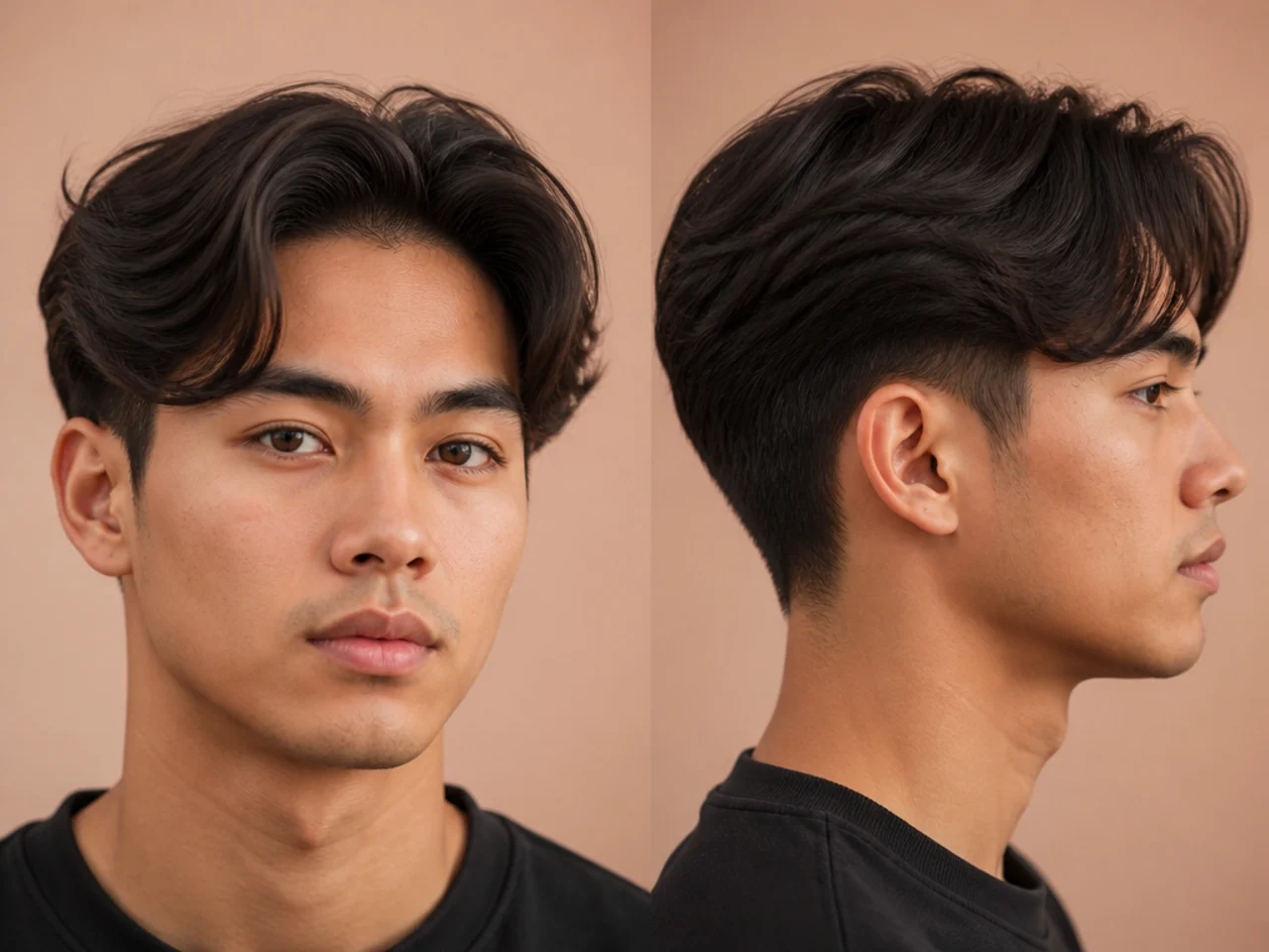 Blown-out comma with heavy root volume and a defined front hook styled inverted-dry