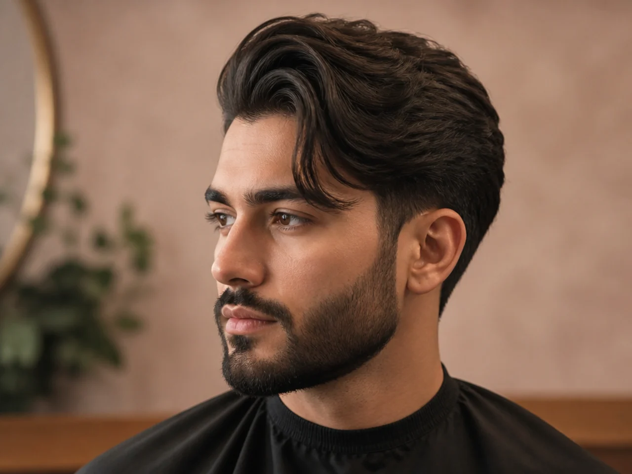Comma haircut paired with a full connected beard for lower-face balance