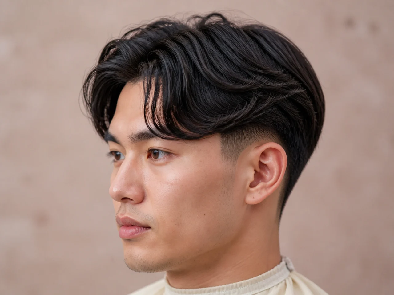 Low fade comma haircut with skin-clean sides and a defined front curl on straight hair