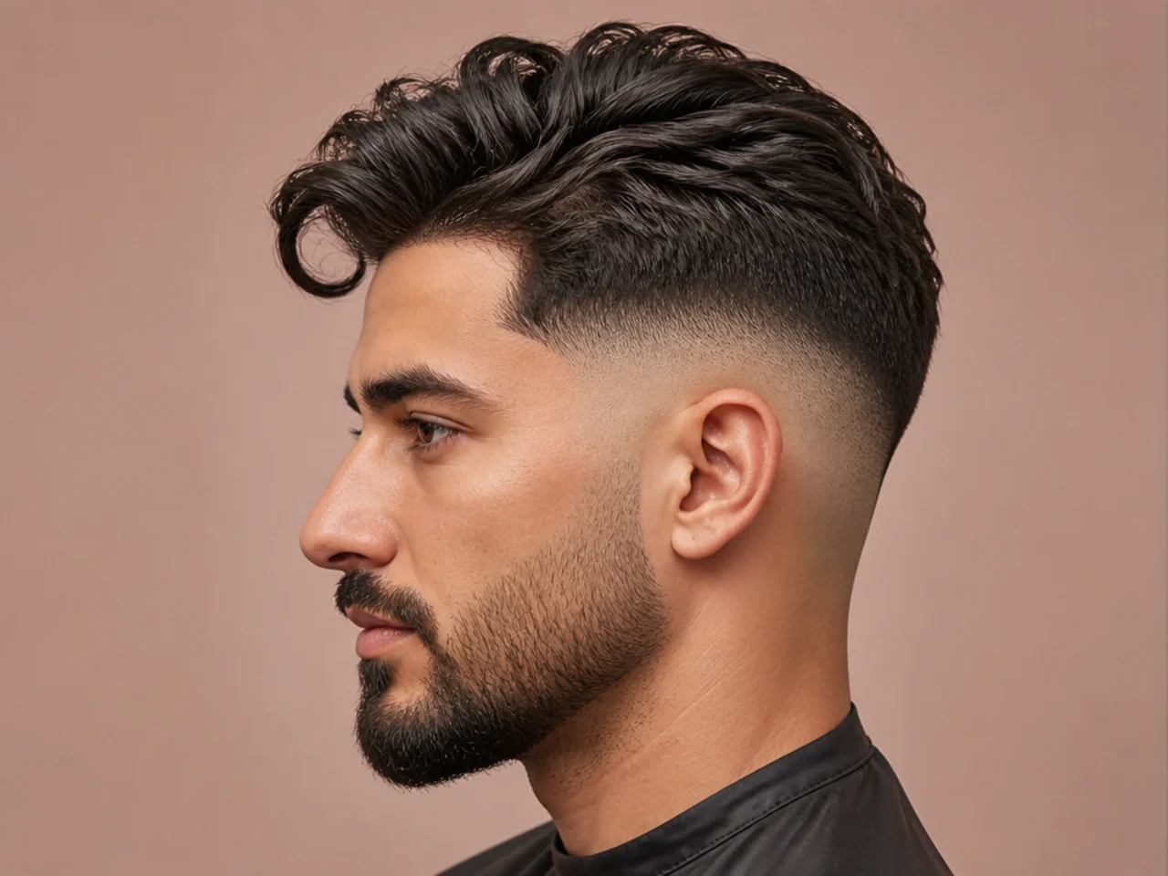 Skin fade comma with sides taken all the way to bare skin and a glossy front hook on top