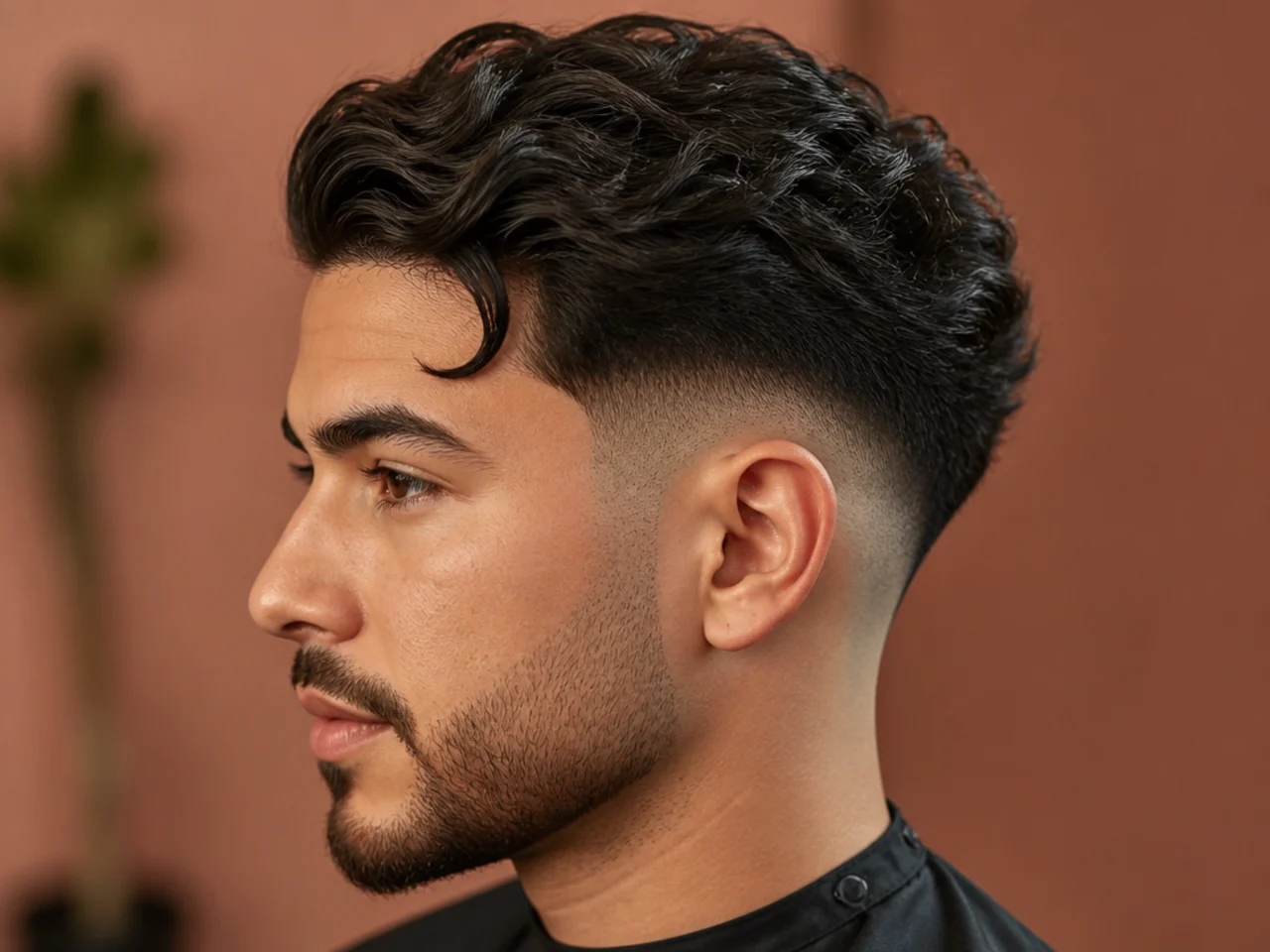 Drop fade comma with the fade line arcing lower behind the ear paired with a front curl