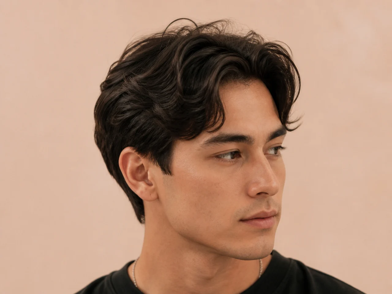 Subtle comma with a gentle bend across the forehead instead of a defined curl