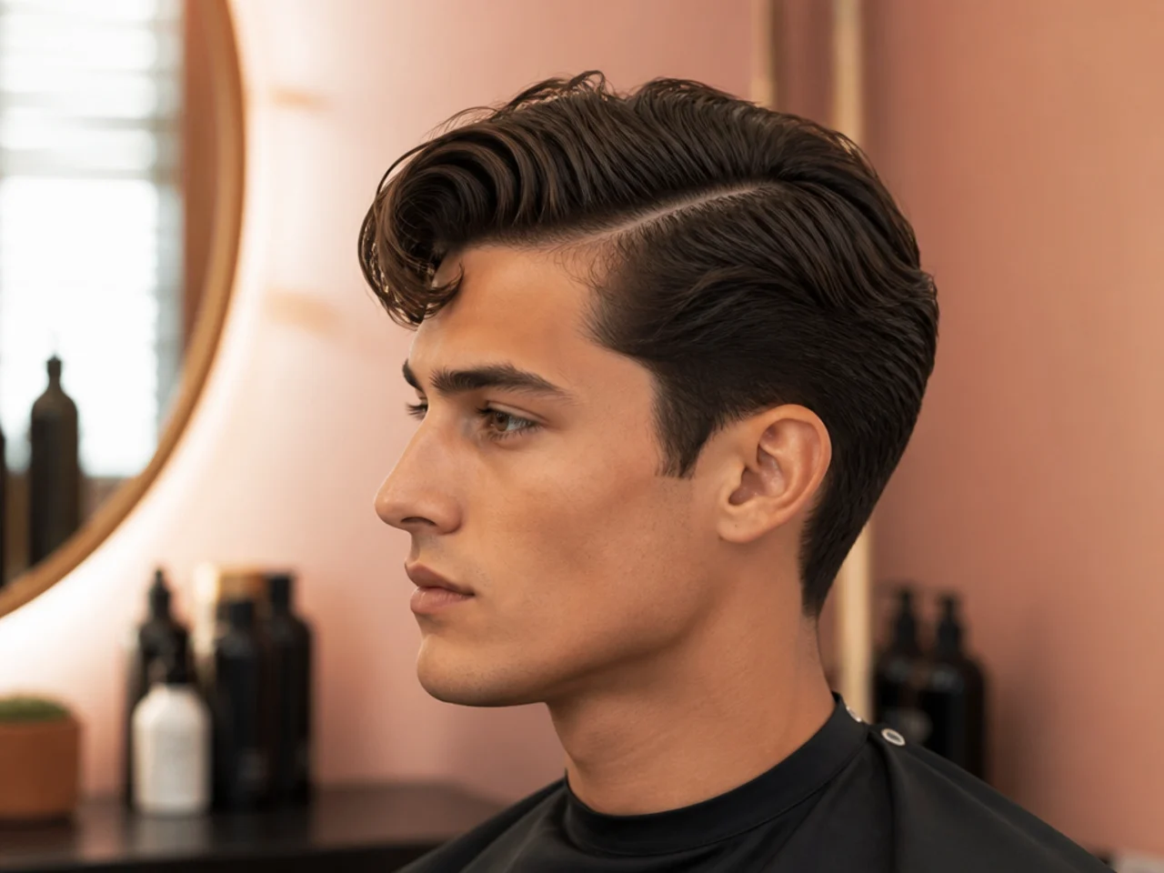 Side part comma with a hard-cut part line and a curled front hook on the heavier side