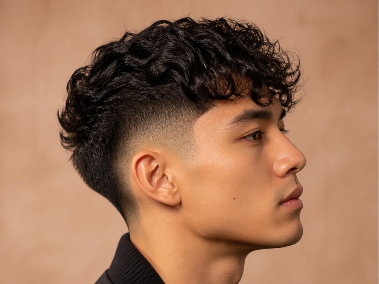 Burst fade comma with the fade radiating around the ear and a curled front hook on top