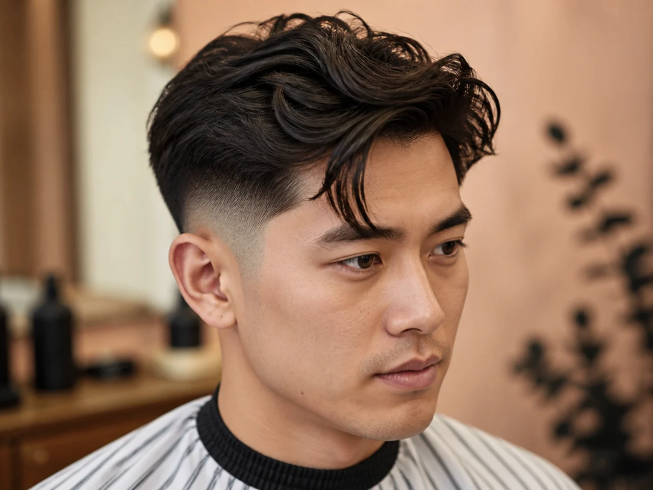Mid fade comma haircut with the blend line at temple height and a defined front curl