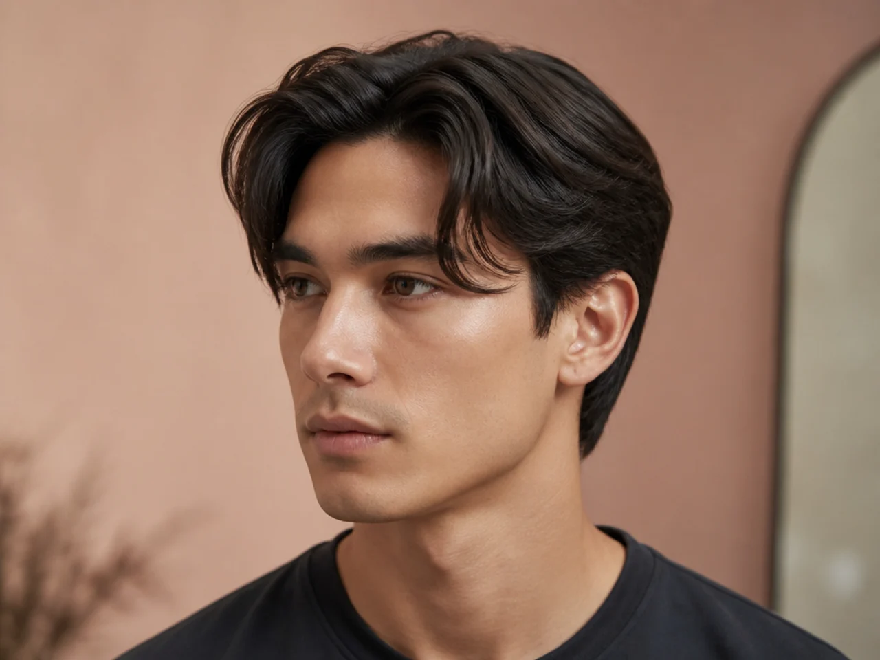 Straight comma haircut with a sharp glossy front hook on precision-cut straight hair