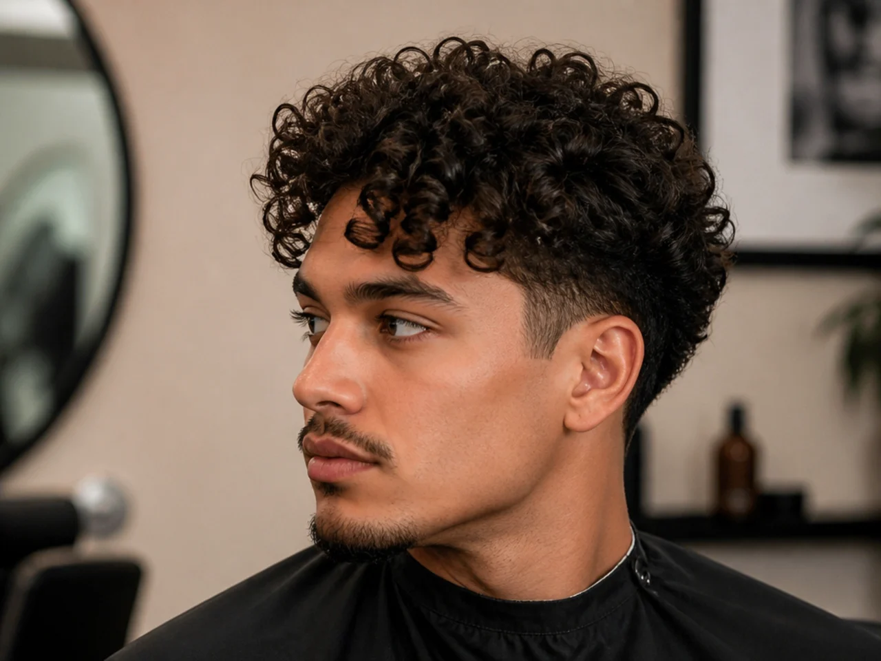 Comma haircut styled on 3B curly hair with front layers curling forward