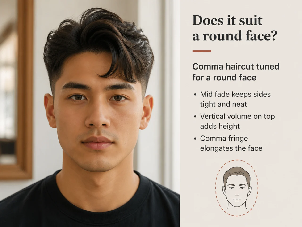 Comma haircut tuned for a round face with vertical volume and a mid fade