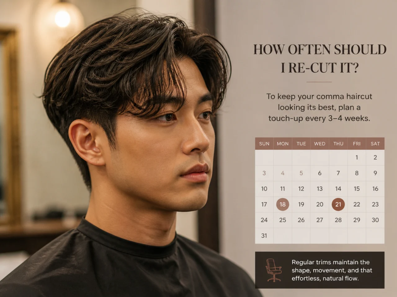 Calendar cadence for re-cutting a comma haircut every three to four weeks