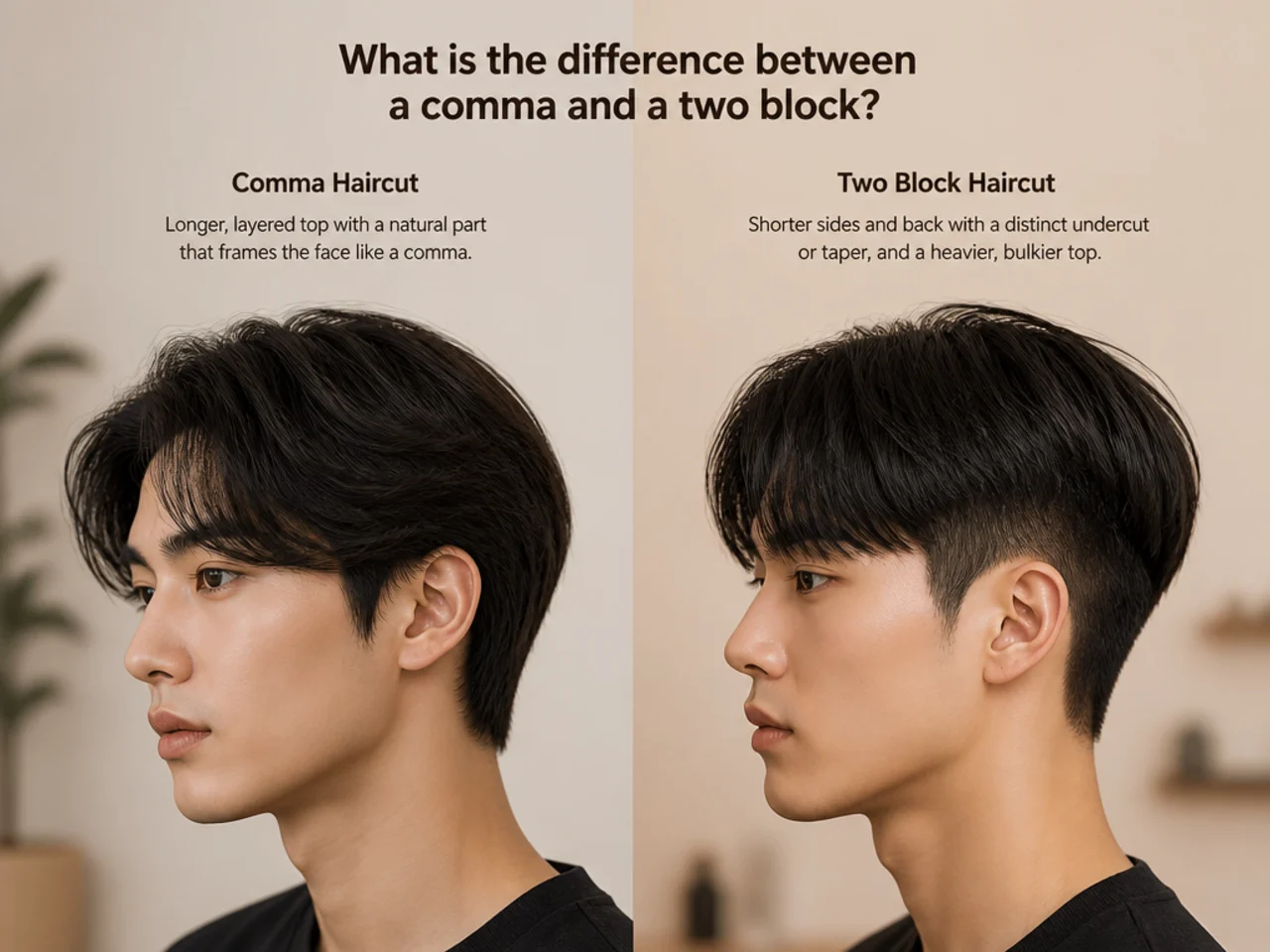 Side-by-side comparison of a comma haircut and a two block on straight hair