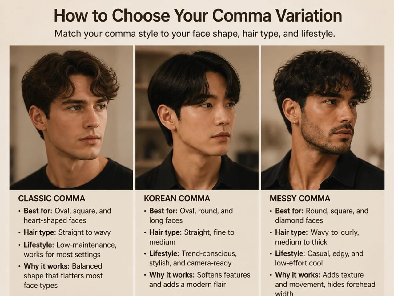 Reference photos of comma haircut variations arranged on a warm blush-cream surface