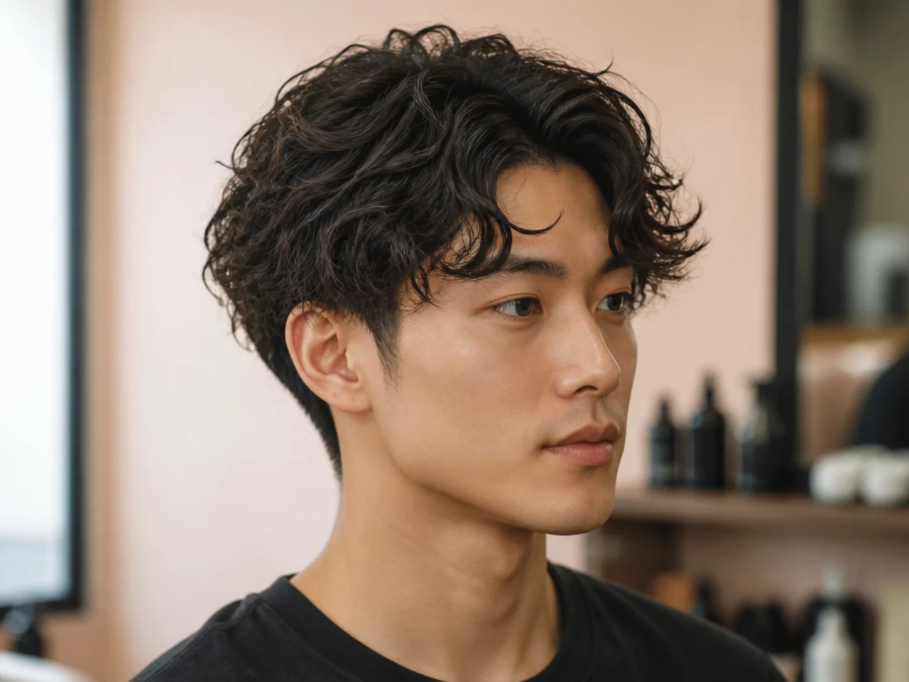 Permed comma haircut with a soft hook baked into the front section