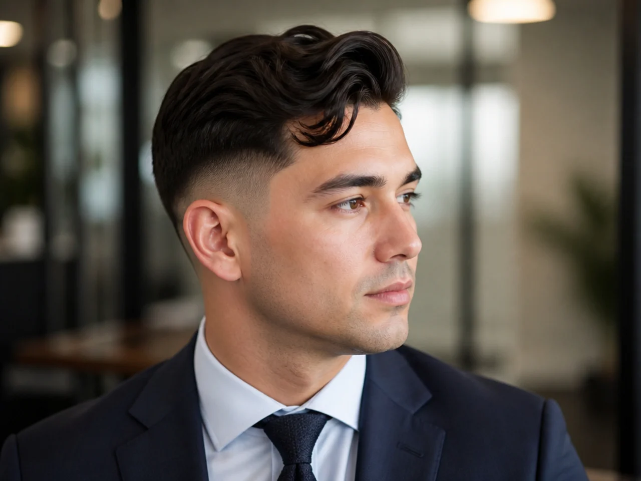 Office-ready low fade comma on a man in business dress with a subtle front curl