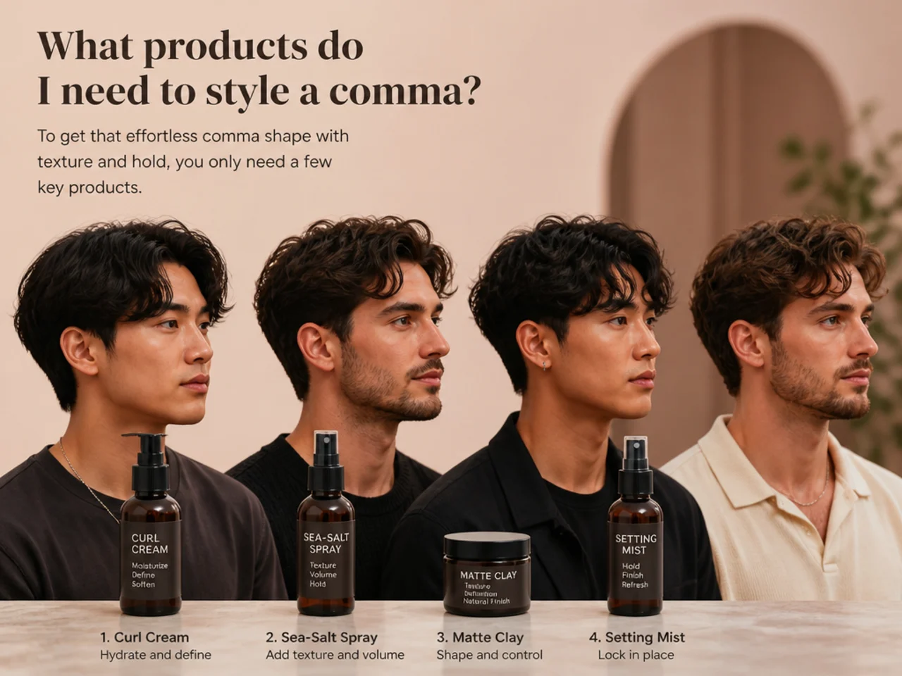 Comma styling product lineup — curl cream, sea-salt spray, matte clay, setting mist
