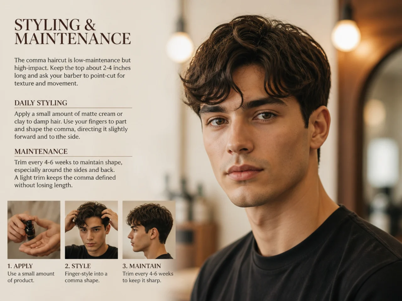 Flat lay of comma styling essentials — round brush, curl cream, sea-salt spray, setting mist