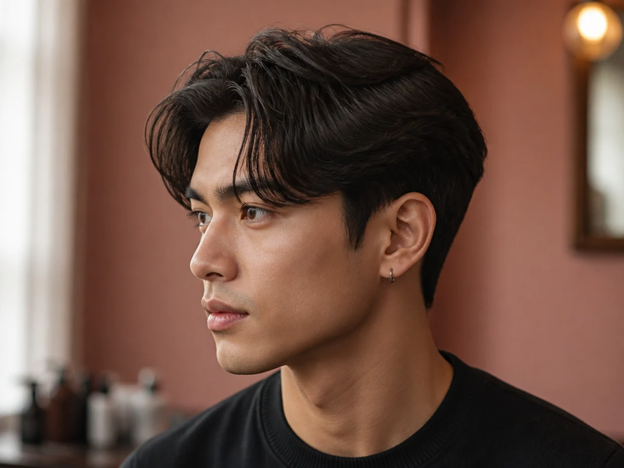 Comma haircut — glossy medium top with a curled front hook toward the dominant eye