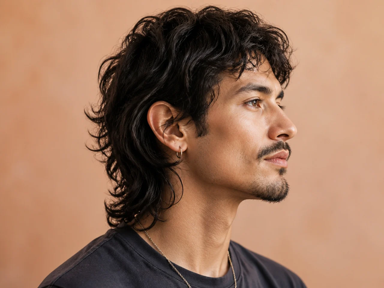 Modern rocker comma mullet with a longer layered top, wide comma sweep, and a rocker-length mullet at the nape
