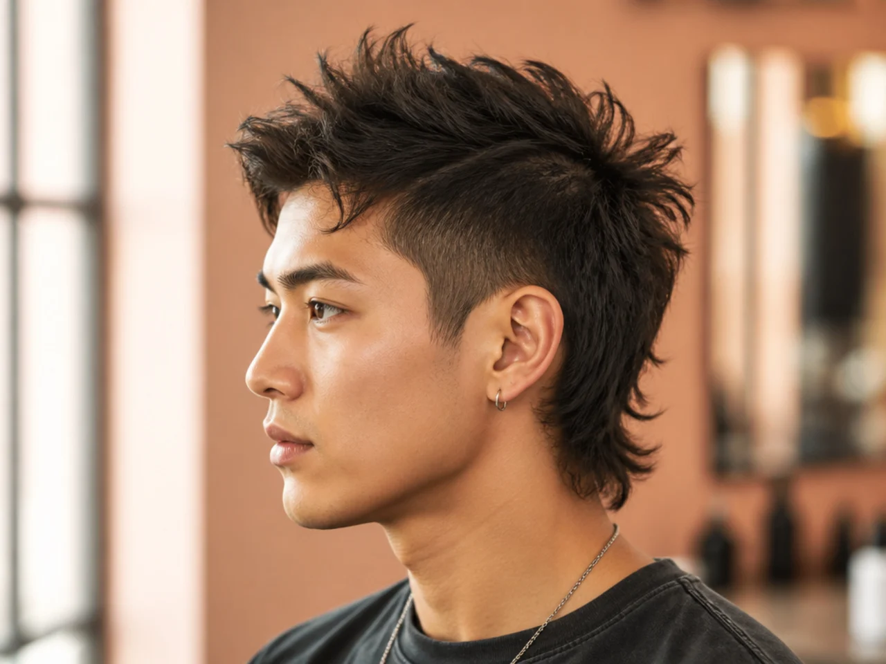 Faux hawk comma mullet with a centered spine of length up top, a defined comma sweep, and a tapered mullet at the nape