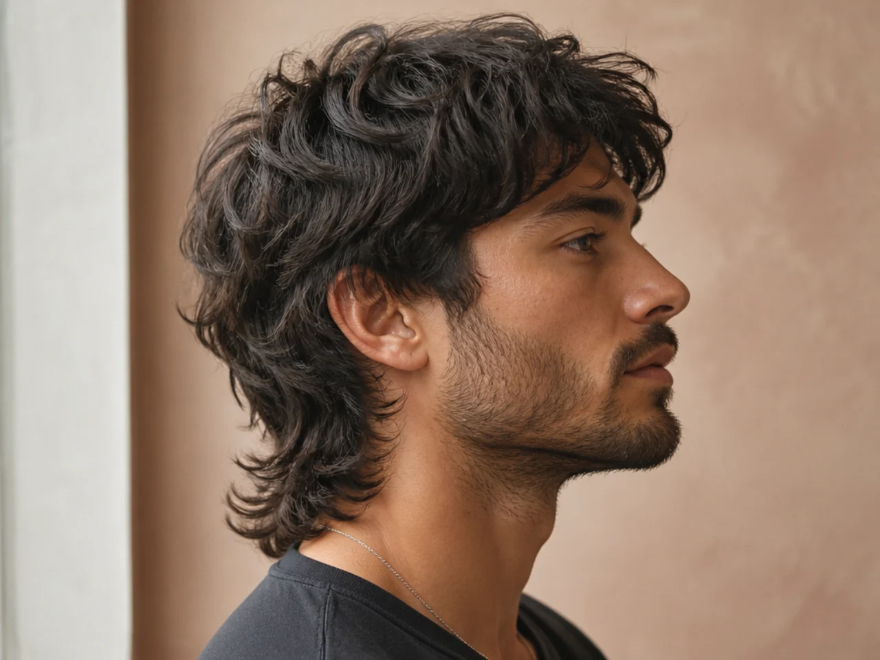 Wolf-layer comma mullet with heavy internal wolf-cut layers around the crown, a comma front, and a longer mullet drape