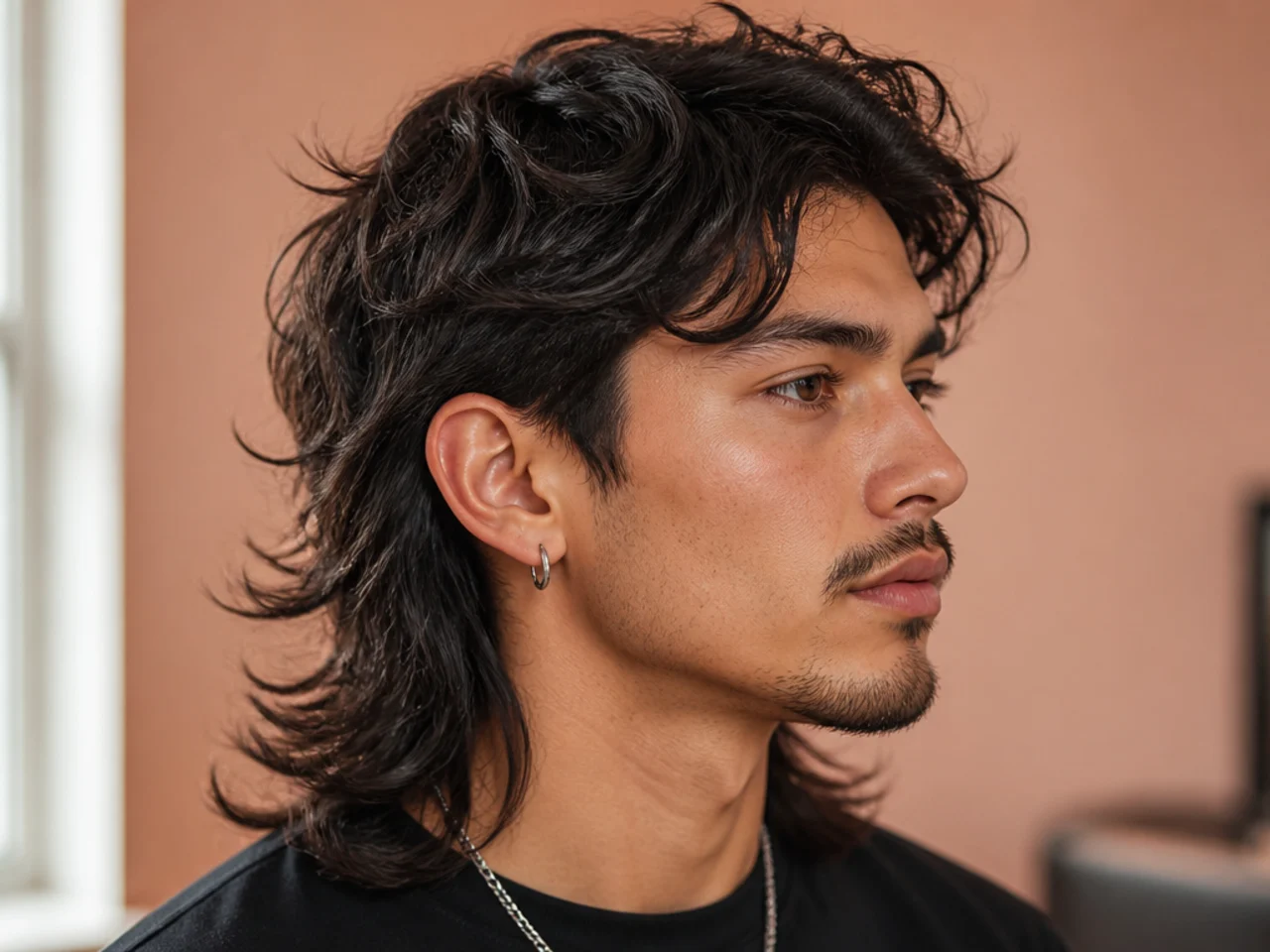 Dramatic long comma mullet with 6-inch top length, a wide dramatic front hook, and a 4-inch layered mullet at the nape