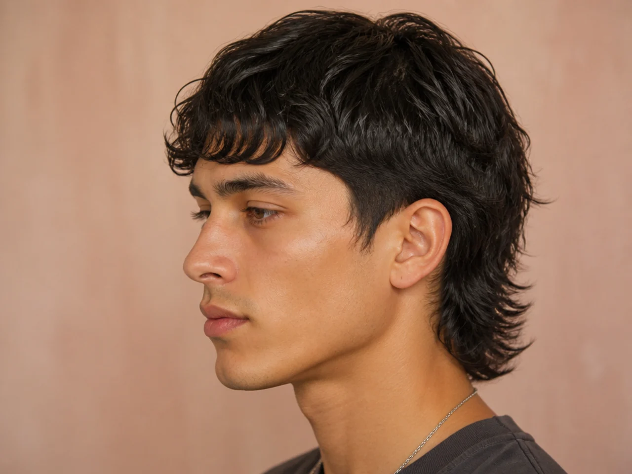 Fringe comma mullet with a full soft forehead fringe curling inward at the tips and a textured mullet nape