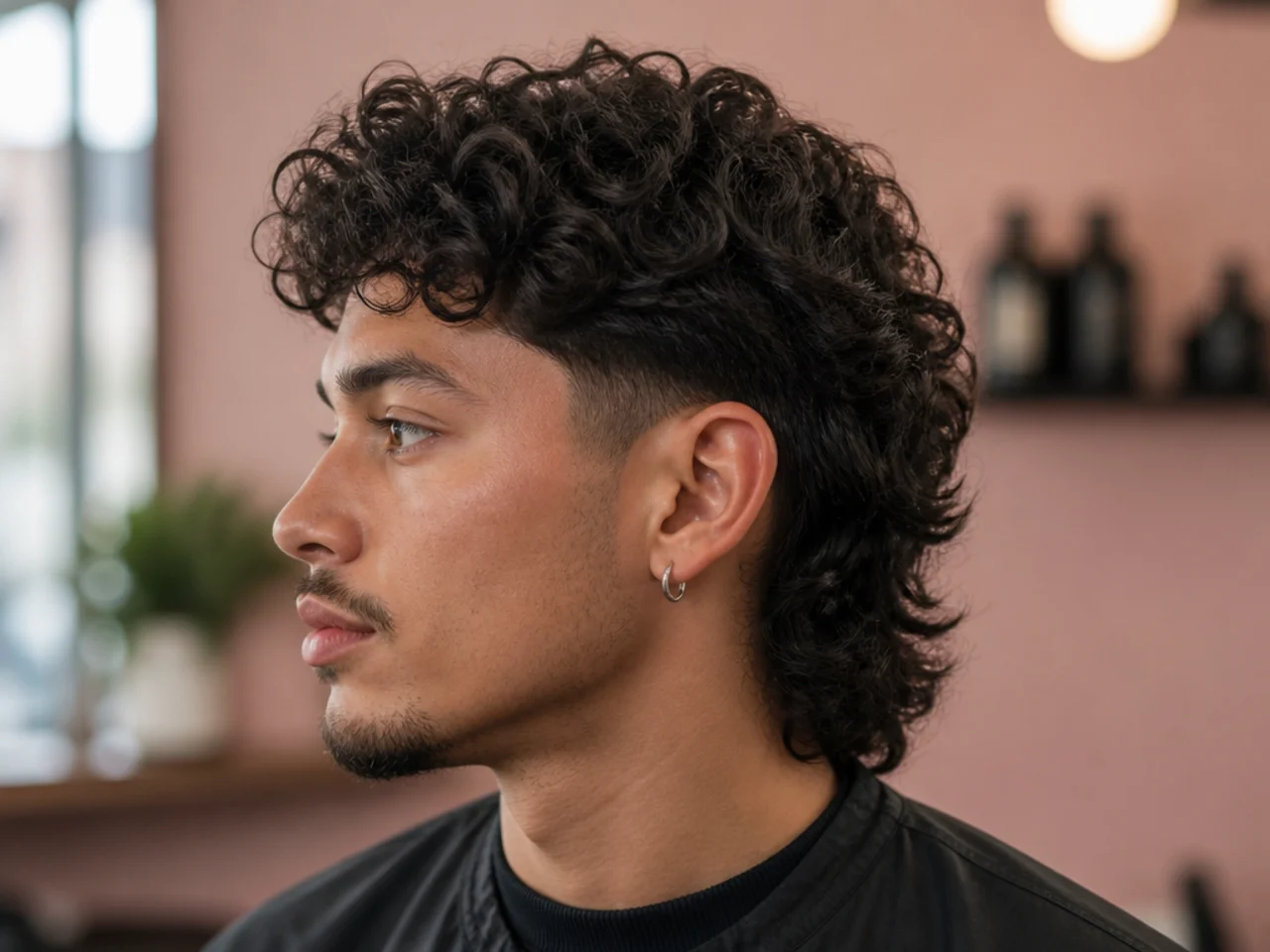 Perm comma mullet with a bakes-in curled comma front, gentle wave through the mullet, and a low fade