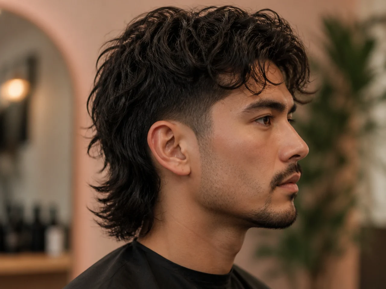 Reverse comma mullet with heavier front weight, a bold defined curl, and a subtle short mullet drop at the nape