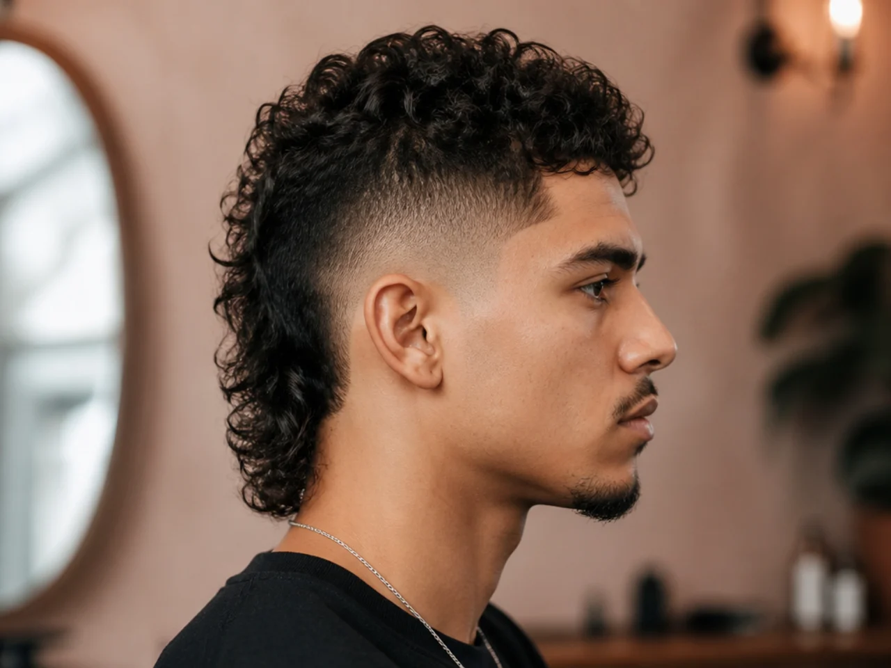 High fade comma mullet with the blend line high on the temples and a bold mullet drop at the nape
